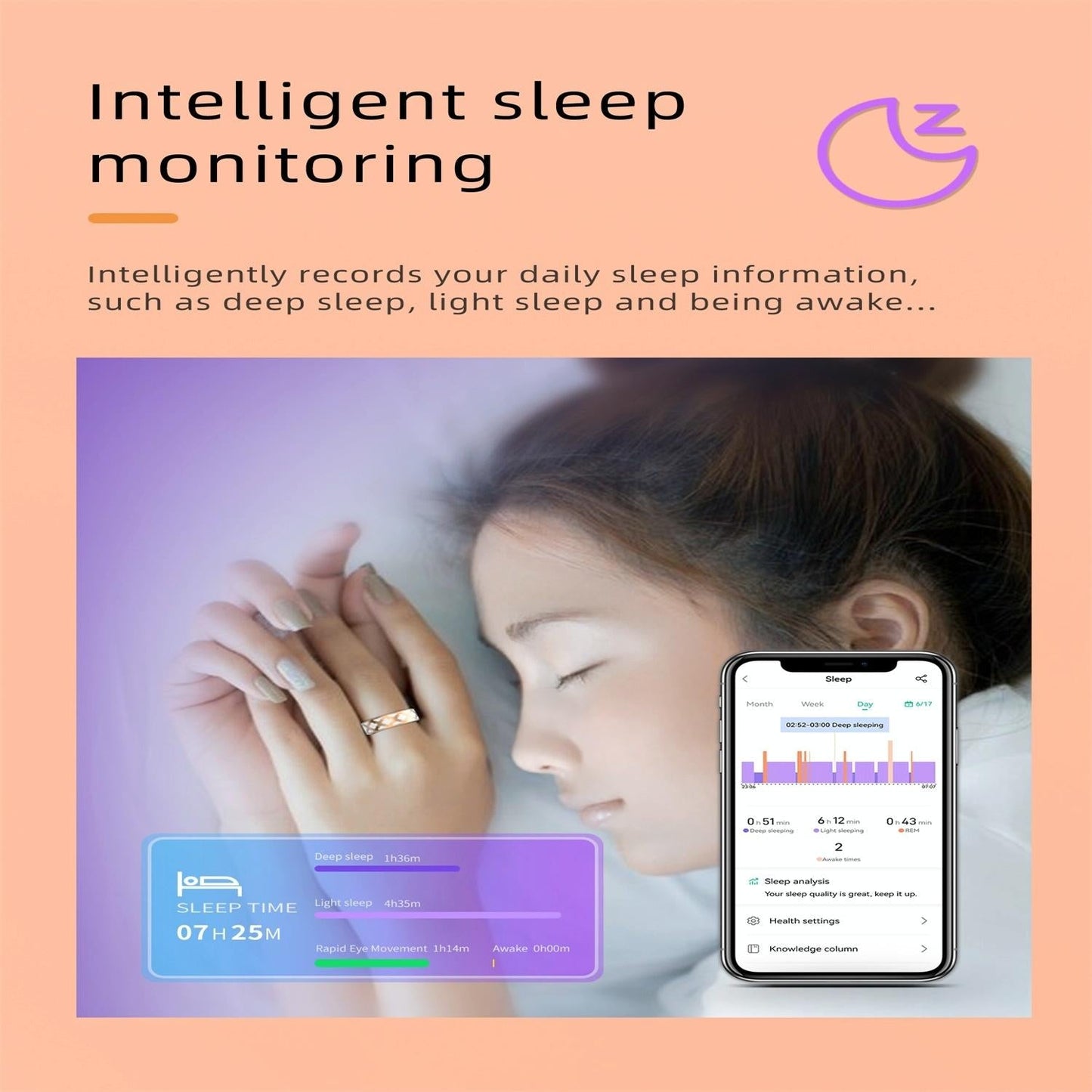 Smart Ring With Heart Rate Blood Oxygen Sleep Monitoring - Multiple Sports Modes - Rose Gold Size 12