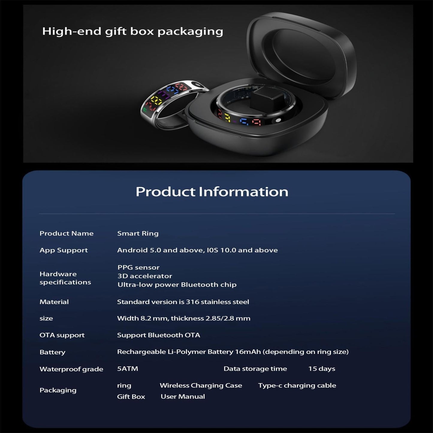 Smart Ring Heart Rate Blood Oxygen Sleep Sports Size 12 - Gold