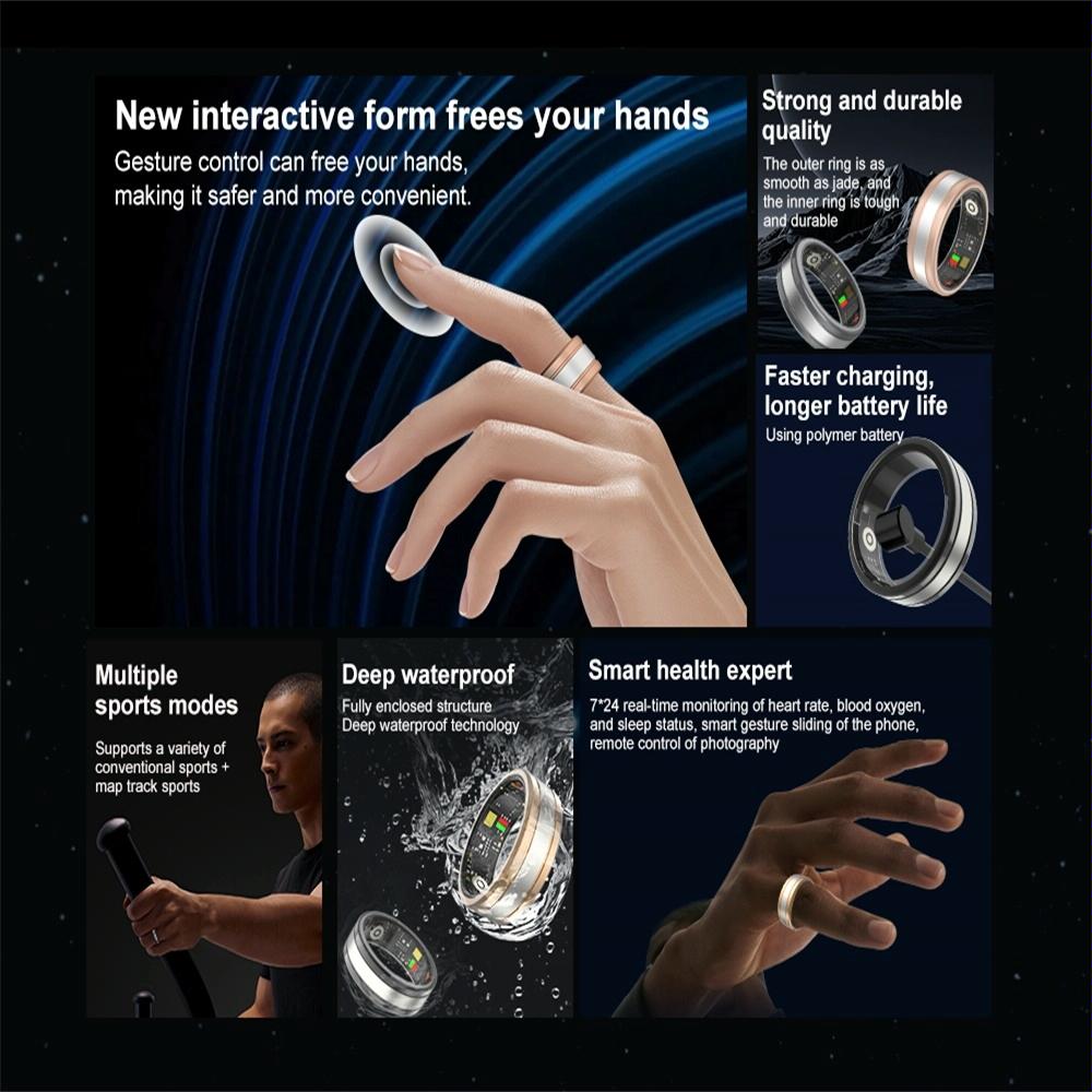 Smart Ring With Heart Rate Blood Oxygen Sleep & Sports Modes - Size 12 - Gold