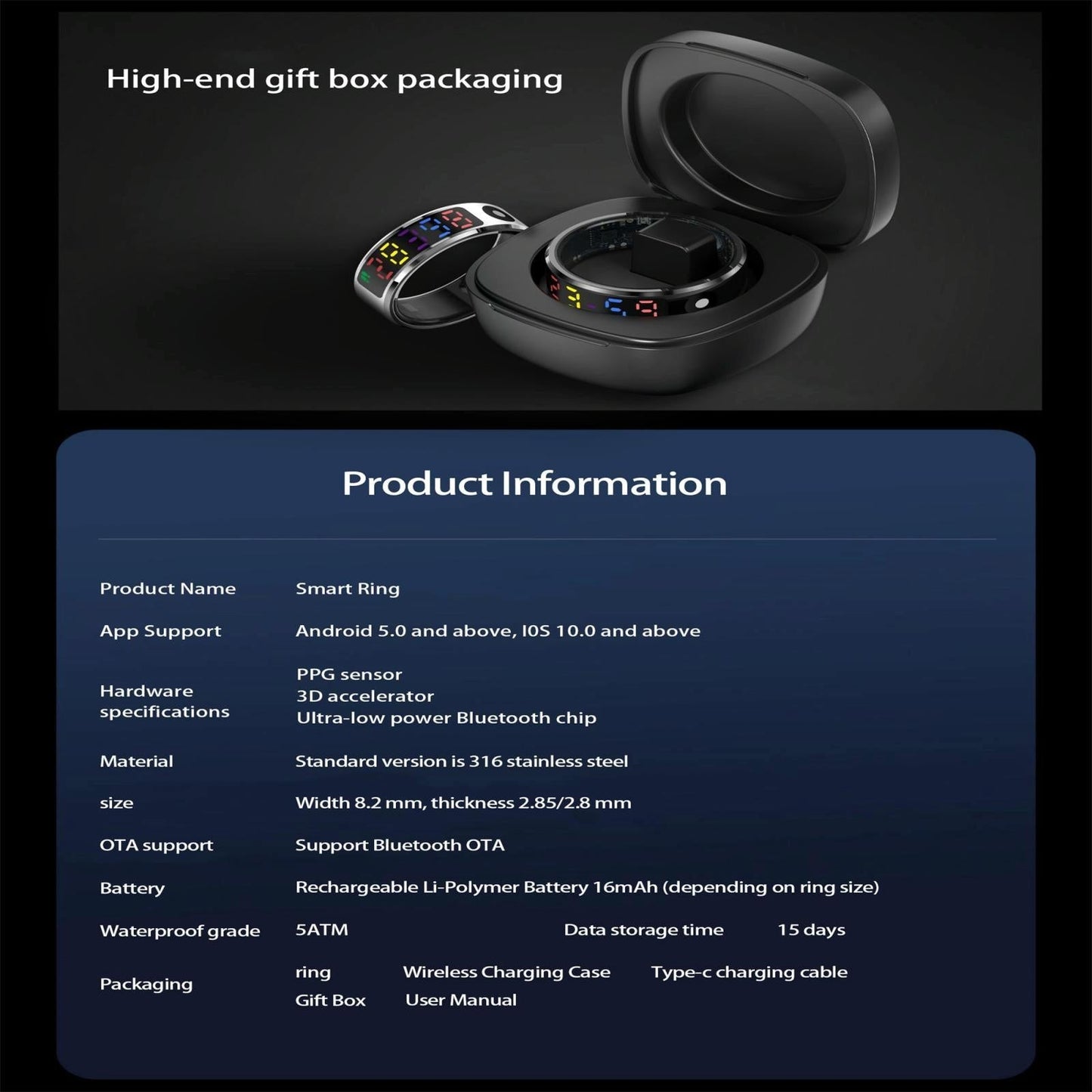 Smart Ring Heart Rate Blood Oxygen Sleep Sports Size 9 - Silver