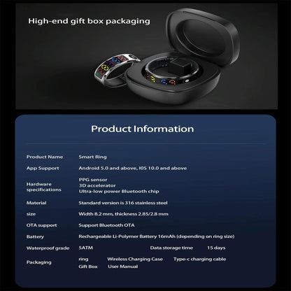 Smart Ring Heart Rate Blood Oxygen Sleep Sports Size 9 - Silver