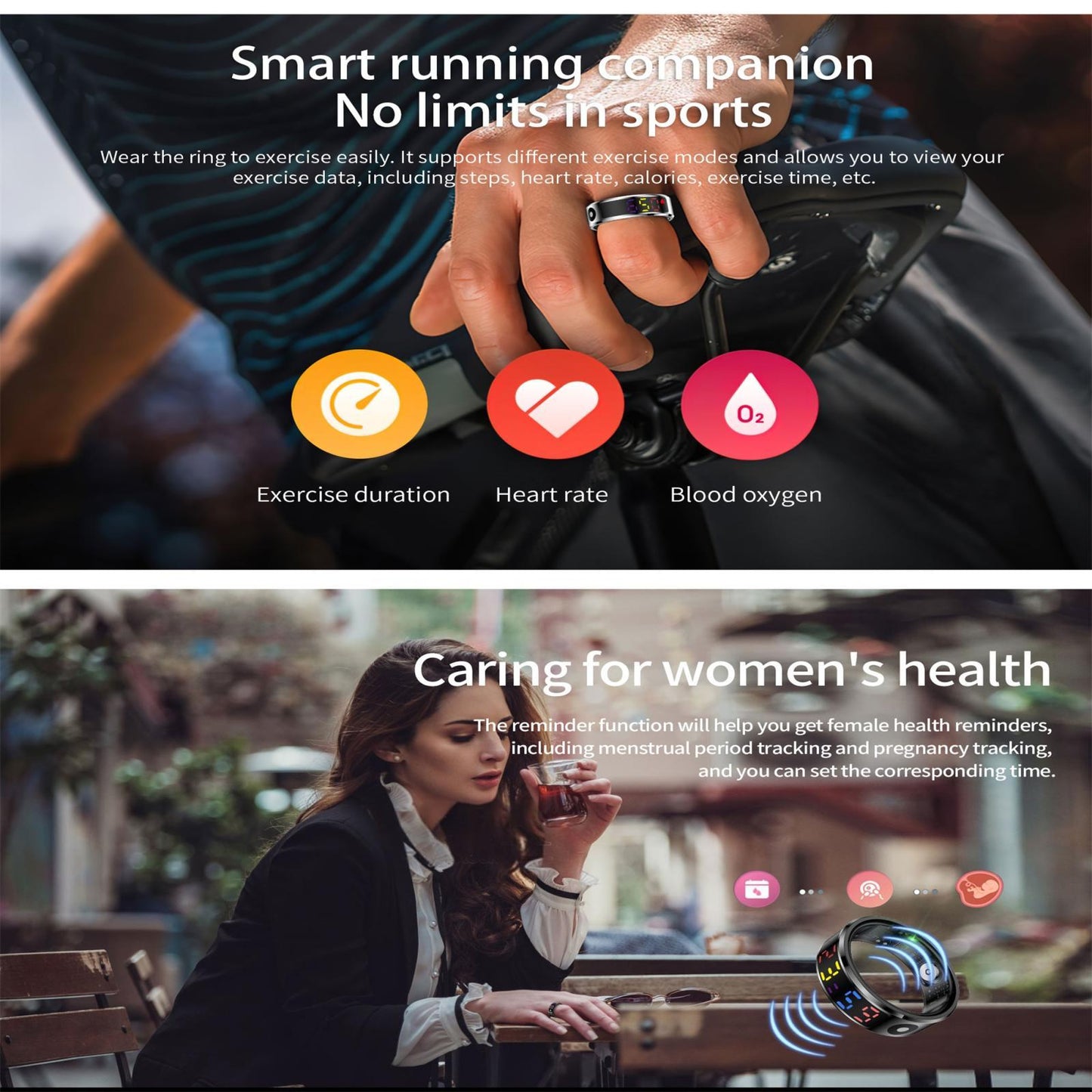 Smart Ring Heart Rate Blood Oxygen Sleep Sports Size 10 - Silver