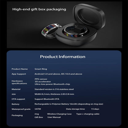 Smart Ring Heart Rate Blood Oxygen Sleep Sports Size 10 - Silver